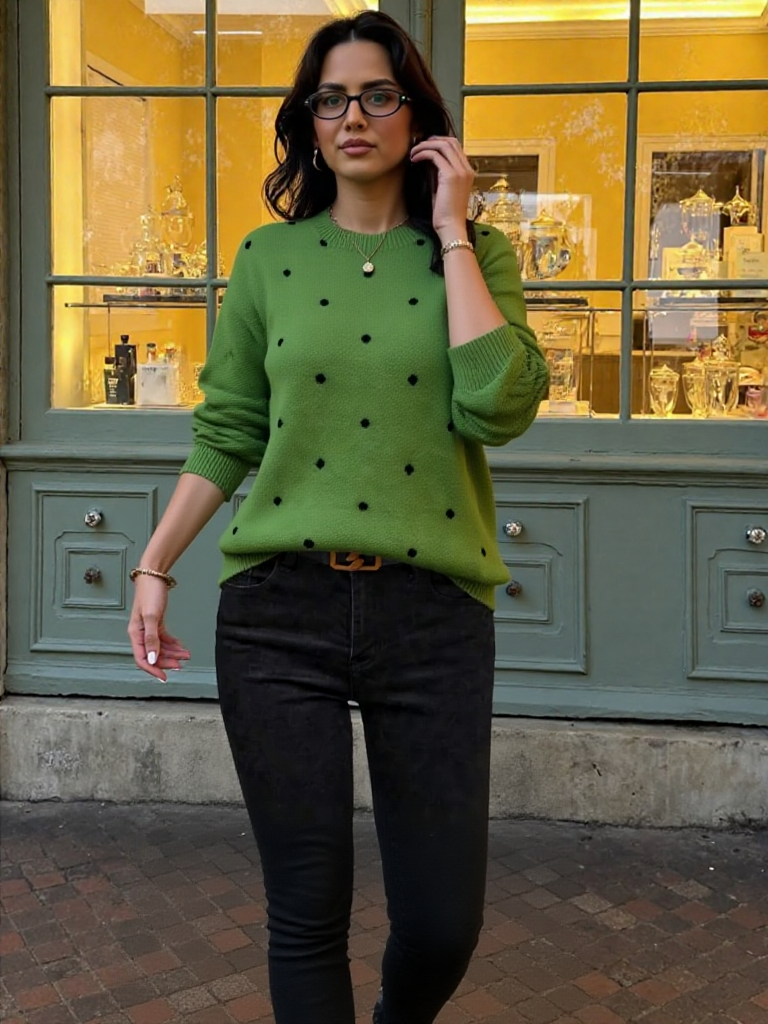 Casual strikket dametrøje med rund hals og prikker