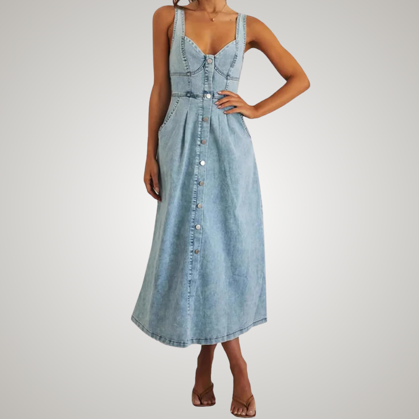 Cindy | Elegante Damers Midi Denimkjole Med Knapper