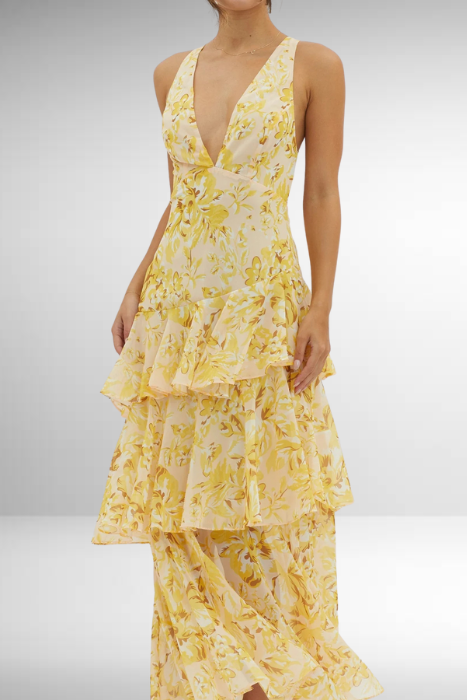 Elena | Dame Chiffon Maxikjole V-hals Ruffle Nederdel Elegant