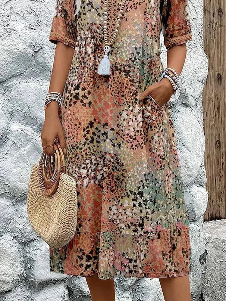 Maja | Dame Sommer Midikjole V-hals Allover Print Behagelig