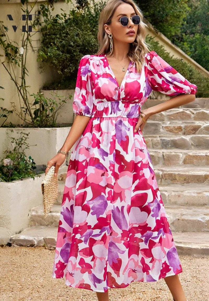 Roxanne | Dame Blomster Midikjole Puffærmer Tailleret Feminin