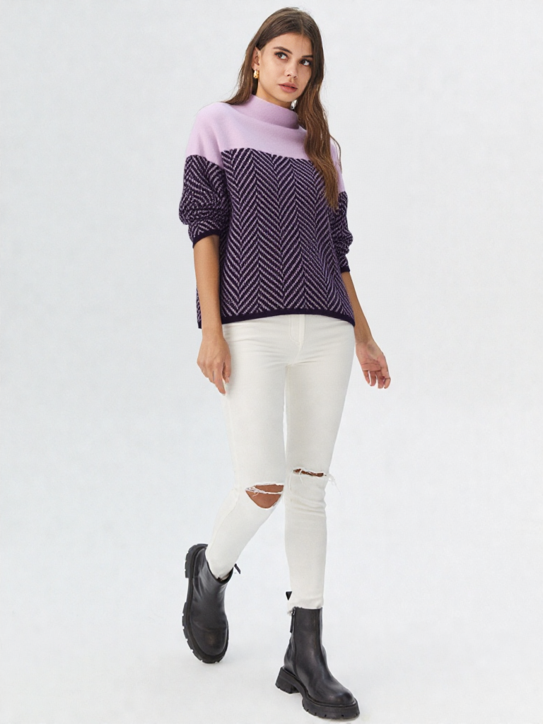 Stribet dametrøje med høj krave