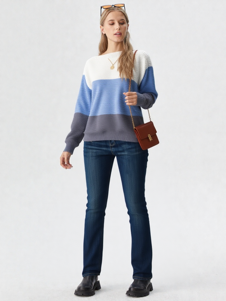 Stribet strikket dametrøje med rund hals