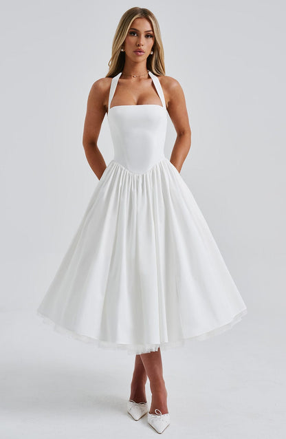 Alba | Kvinde Bryllupsgæstkjole Elegant Halterneck Midi Design