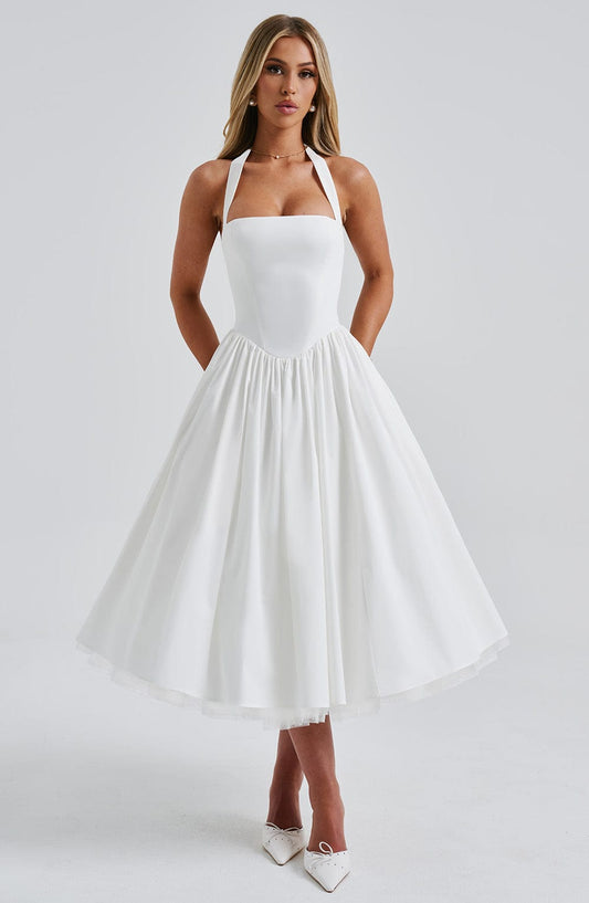 Alba | Kvinde Bryllupsgæstkjole Elegant Halterneck Midi Design