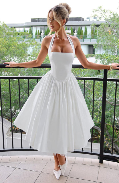 Alba | Kvinde Bryllupsgæstkjole Elegant Halterneck Midi Design