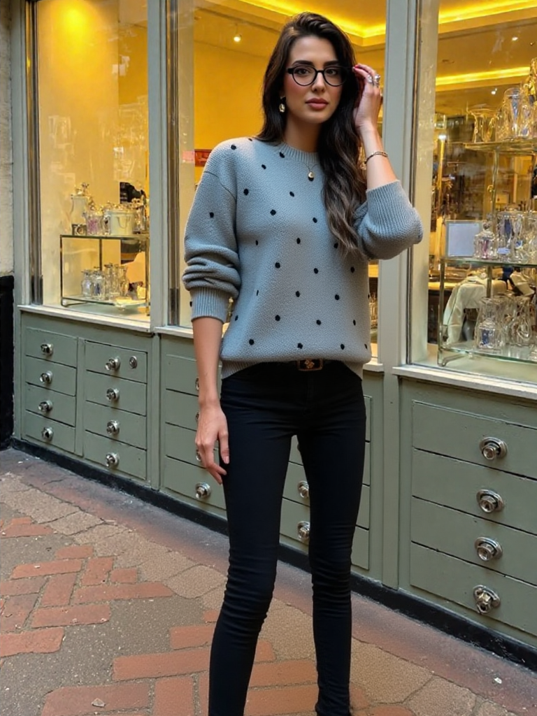 Casual strikket dametrøje med rund hals og prikker