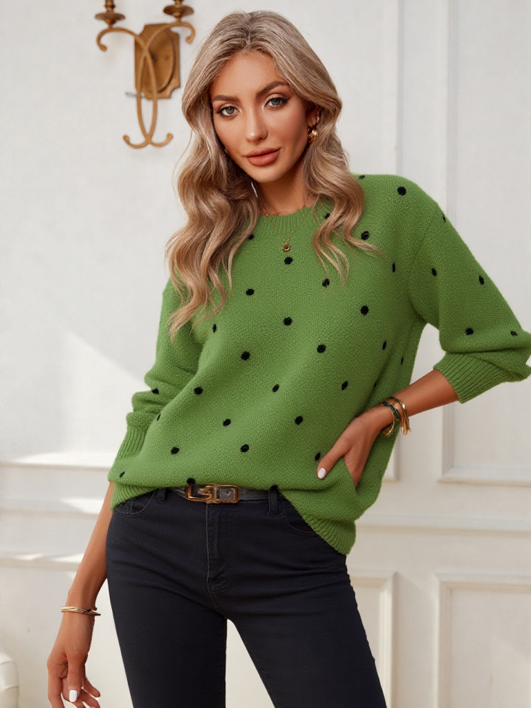 Casual strikket dametrøje med rund hals og prikker