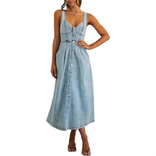 Cindy | Elegante Damers Midi Denimkjole Med Knapper