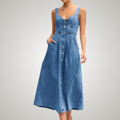 Cindy | Elegante Damers Midi Denimkjole Med Knapper