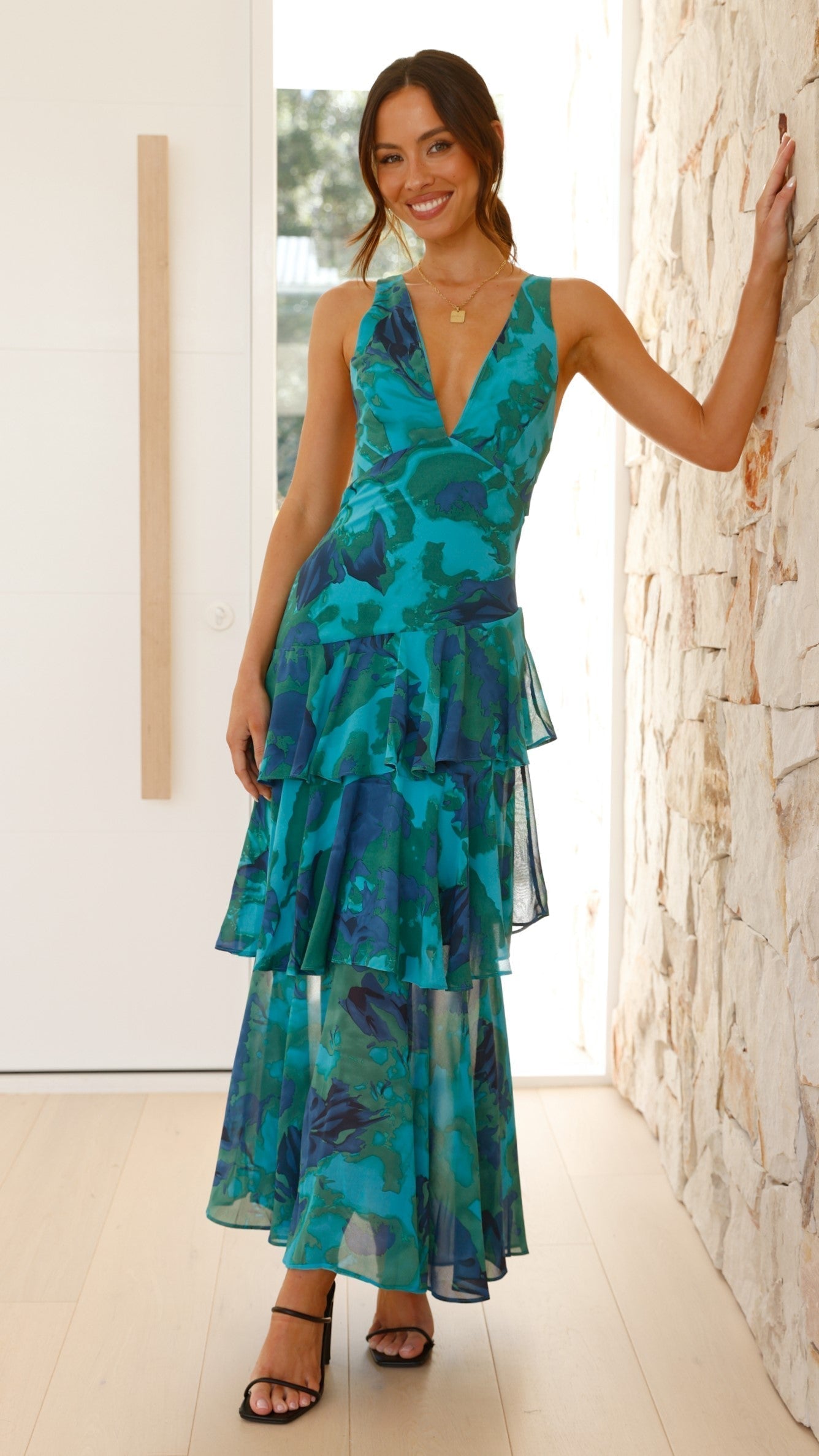 Elena | Dame Chiffon Maxikjole V-hals Ruffle Nederdel Elegant