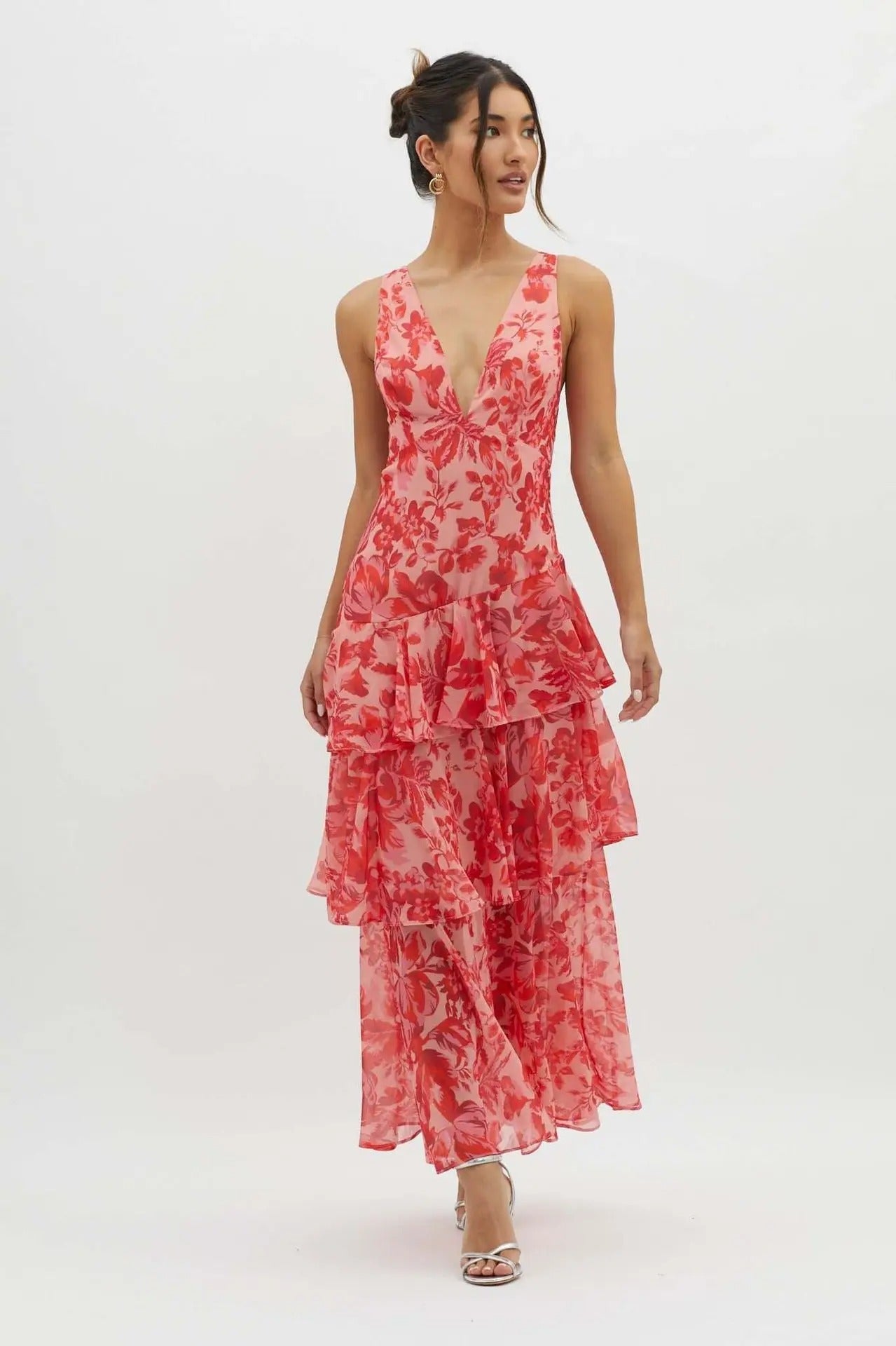 Elena | Dame Chiffon Maxikjole V-hals Ruffle Nederdel Elegant