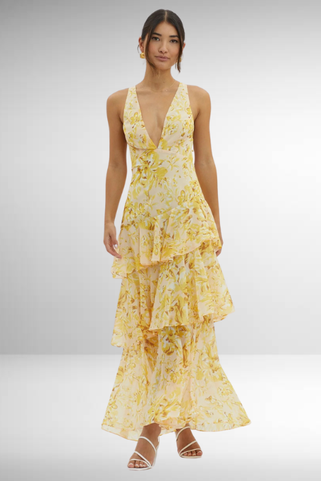 Elena | Dame Chiffon Maxikjole V-hals Ruffle Nederdel Elegant