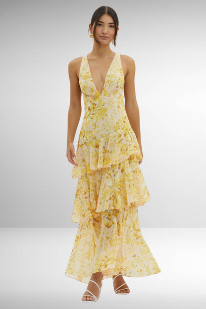 Elena | Dame Chiffon Maxikjole V-hals Ruffle Nederdel Elegant