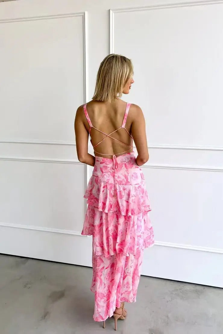 Elena | Dame Chiffon Maxikjole V-hals Ruffle Nederdel Elegant