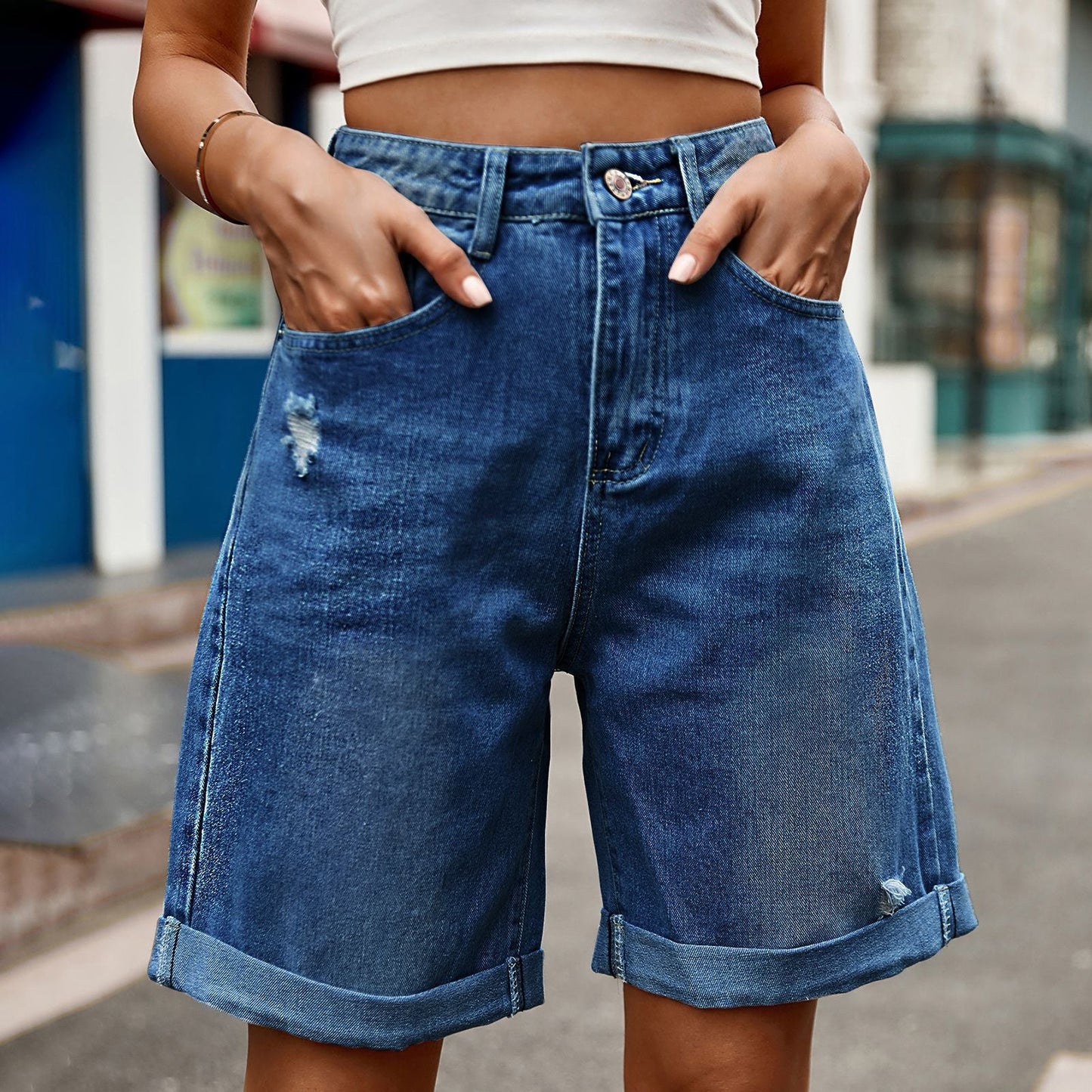 Ellen | Dame Denim Shorts Opsmøg Afslappet Pasform