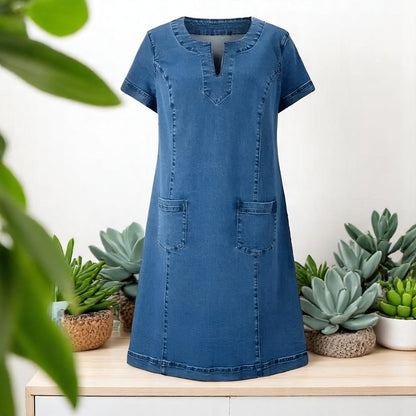 Erin | Afslappede Damers Midi Denimkjole Med Lommer