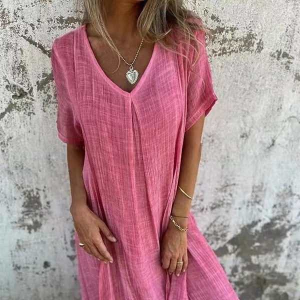 Esther | Kvinder Midi Sommer Dress V udskæring Løs Pasform
