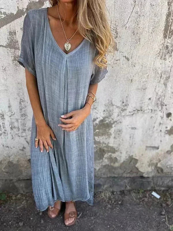 Esther | Kvinder Midi Sommer Dress V udskæring Løs Pasform