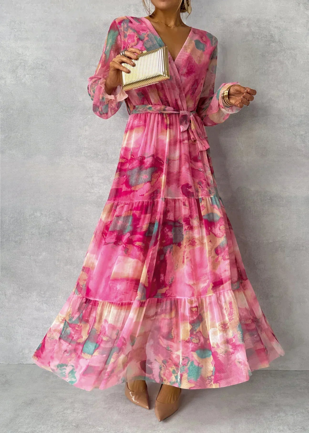 Freja | Dame Maxi Slagkjole Blomsterprint Lange Ærmer Feminin