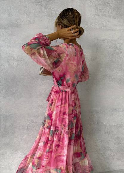 Freja | Dame Maxi Slagkjole Blomsterprint Lange Ærmer Feminin