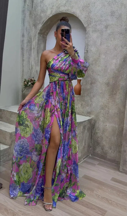 Hanna | One-Shoulder Maxikjole Blomsterprint Flydende Elegant
