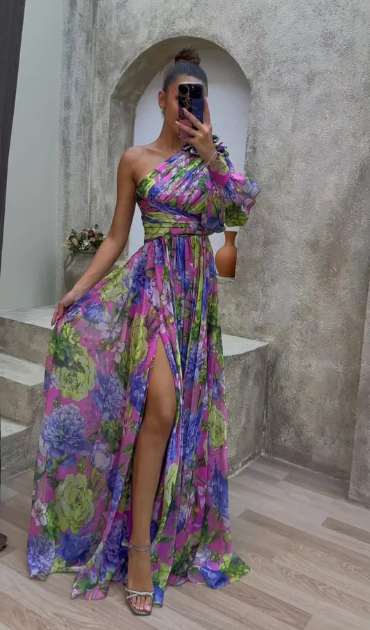 Hanna | One-Shoulder Maxikjole Blomsterprint Flydende Elegant