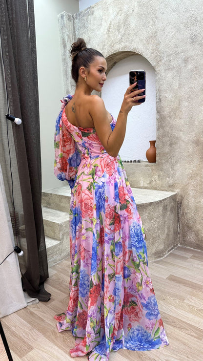 Hanna | One-Shoulder Maxikjole Blomsterprint Flydende Elegant