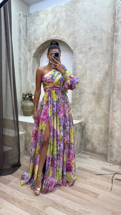 Hanna | One-Shoulder Maxikjole Blomsterprint Flydende Elegant