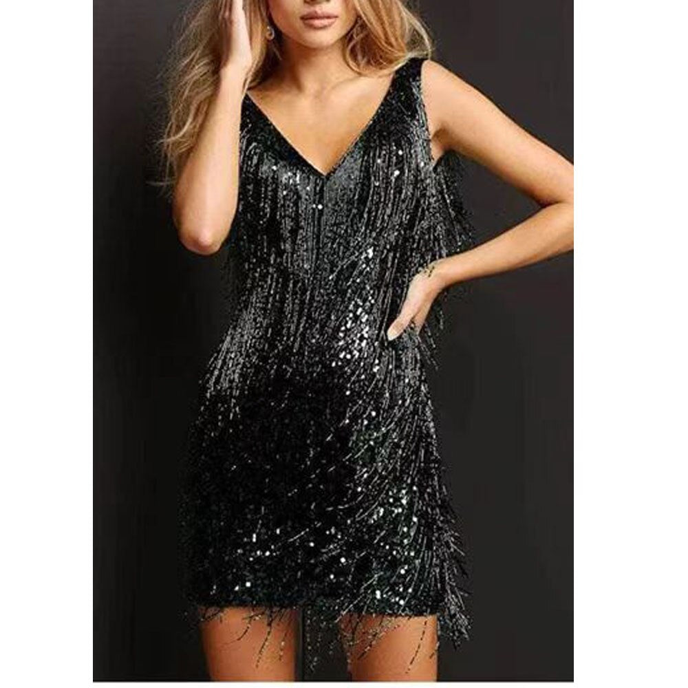 Lumira | Festlige Dame Mini Gallakjole med Pailletter & Frynser