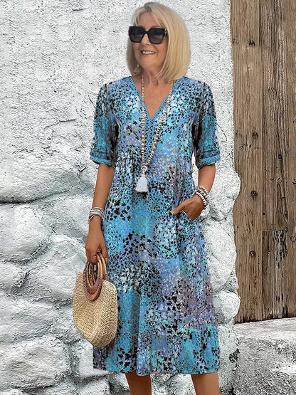 Maja | Dame Sommer Midikjole V-hals Allover Print Behagelig