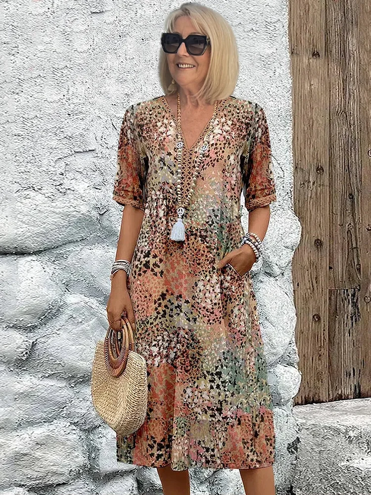 Maja | Dame Sommer Midikjole V-hals Allover Print Behagelig