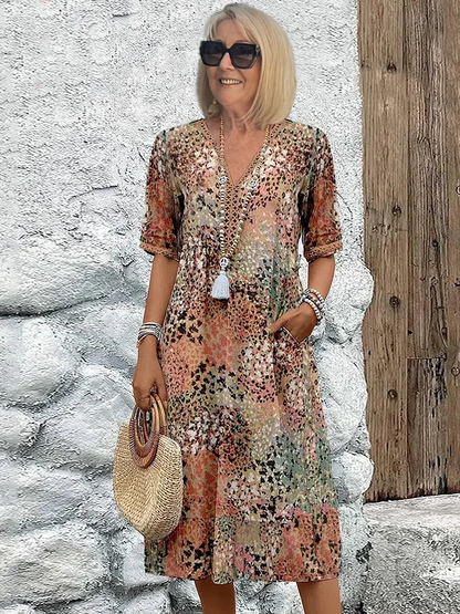 Maja | Dame Sommer Midikjole V-hals Allover Print Behagelig