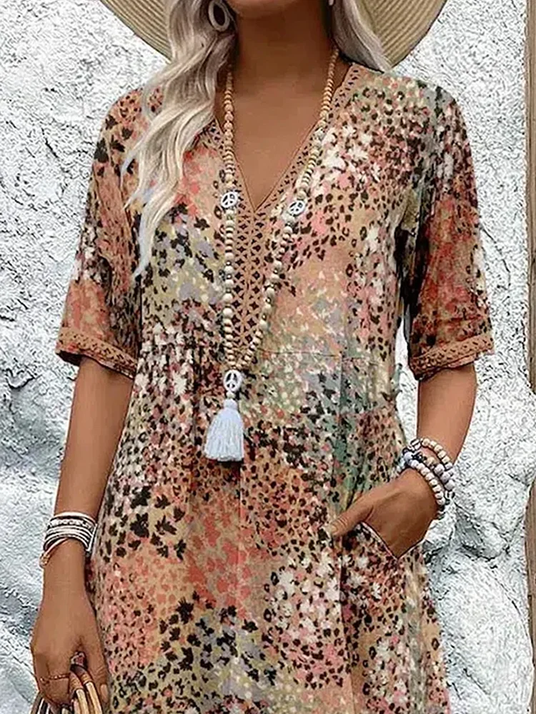 Maja | Dame Sommer Midikjole V-hals Allover Print Behagelig