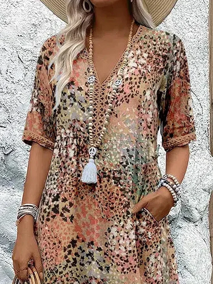 Maja | Dame Sommer Midikjole V-hals Allover Print Behagelig
