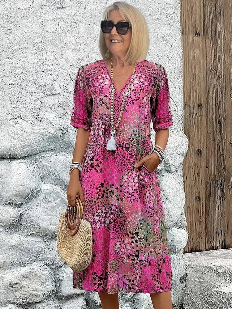Maja | Dame Sommer Midikjole V-hals Allover Print Behagelig
