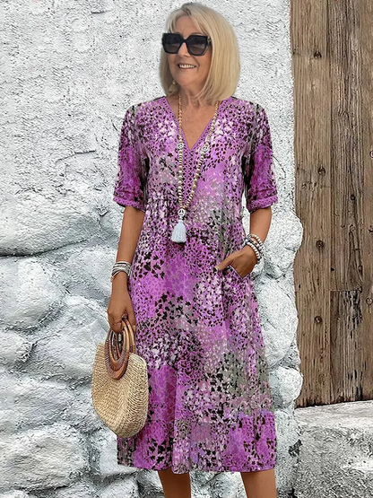 Maja | Dame Sommer Midikjole V-hals Allover Print Behagelig