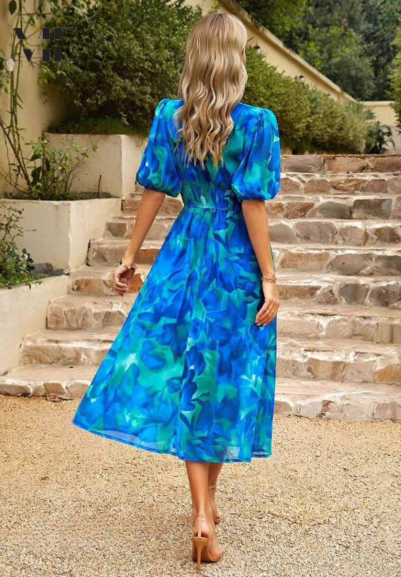 Roxanne | Dame Blomster Midikjole Puffærmer Tailleret Feminin