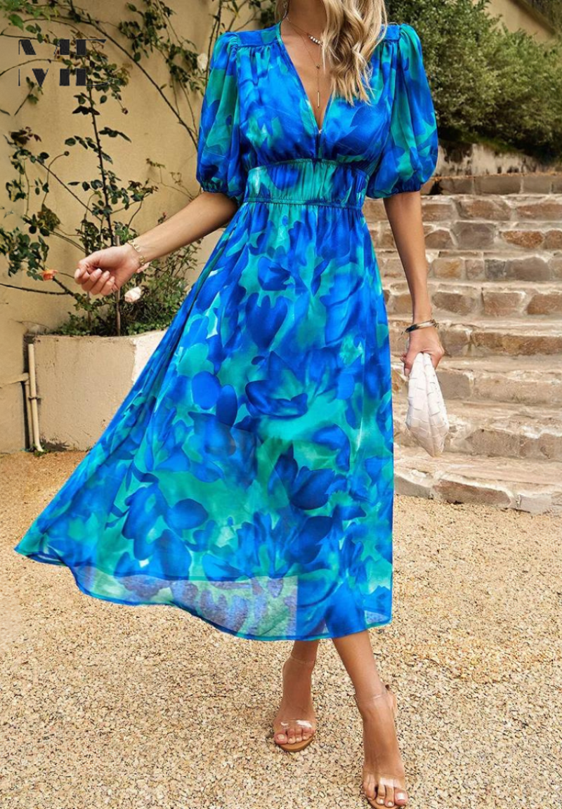 Roxanne | Dame Blomster Midikjole Puffærmer Tailleret Feminin