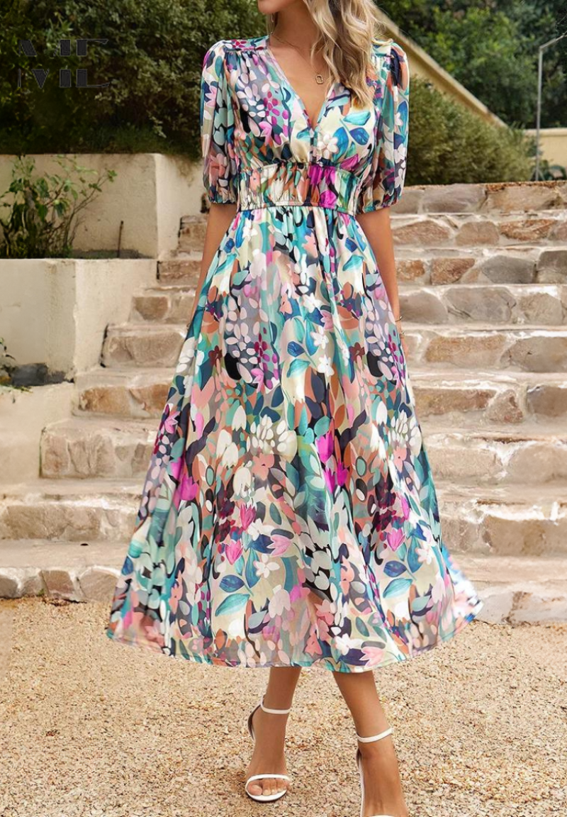Roxanne | Dame Blomster Midikjole Puffærmer Tailleret Feminin