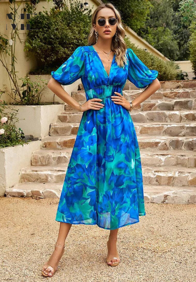 Roxanne | Dame Blomster Midikjole Puffærmer Tailleret Feminin