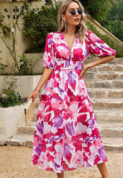 Roxanne | Dame Blomster Midikjole Puffærmer Tailleret Feminin