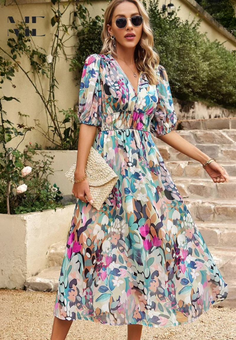 Roxanne | Dame Blomster Midikjole Puffærmer Tailleret Feminin