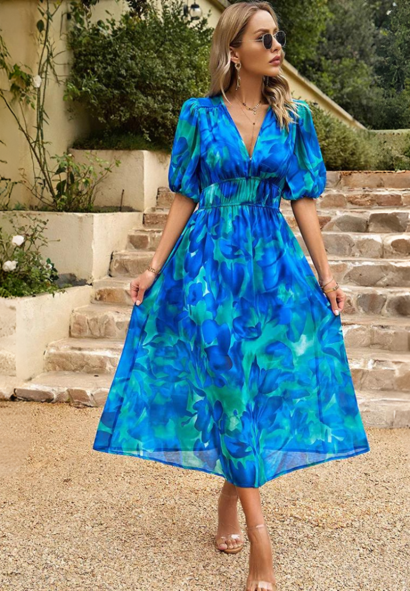 Roxanne | Dame Blomster Midikjole Puffærmer Tailleret Feminin