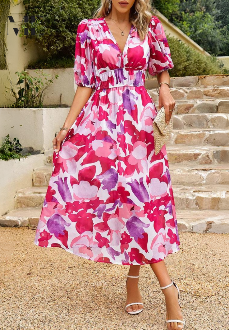 Roxanne | Dame Blomster Midikjole Puffærmer Tailleret Feminin
