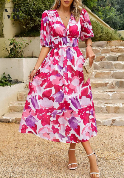 Roxanne | Dame Blomster Midikjole Puffærmer Tailleret Feminin