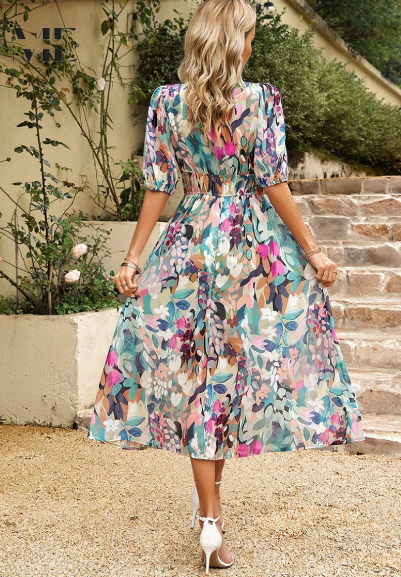 Roxanne | Dame Blomster Midikjole Puffærmer Tailleret Feminin