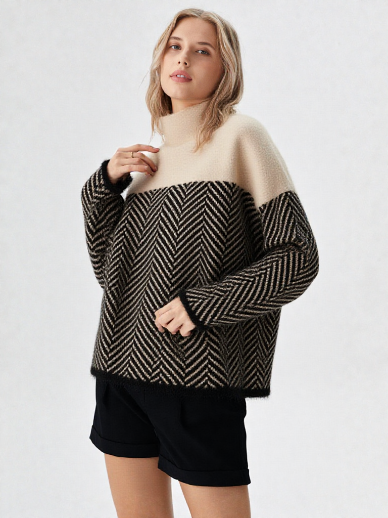 Stribet dametrøje med høj krave