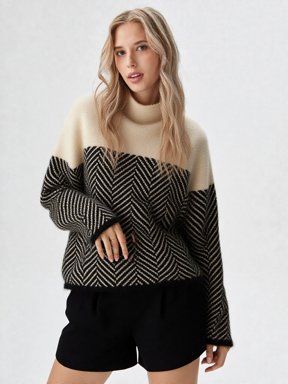 Stribet dametrøje med høj krave