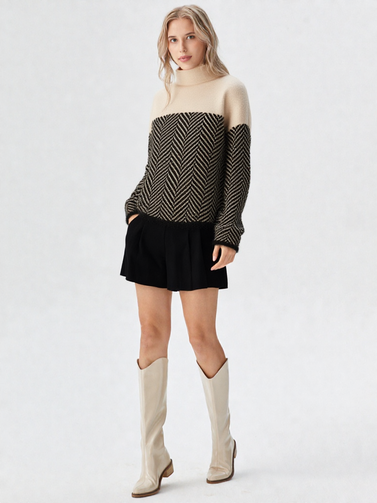 Stribet dametrøje med høj krave